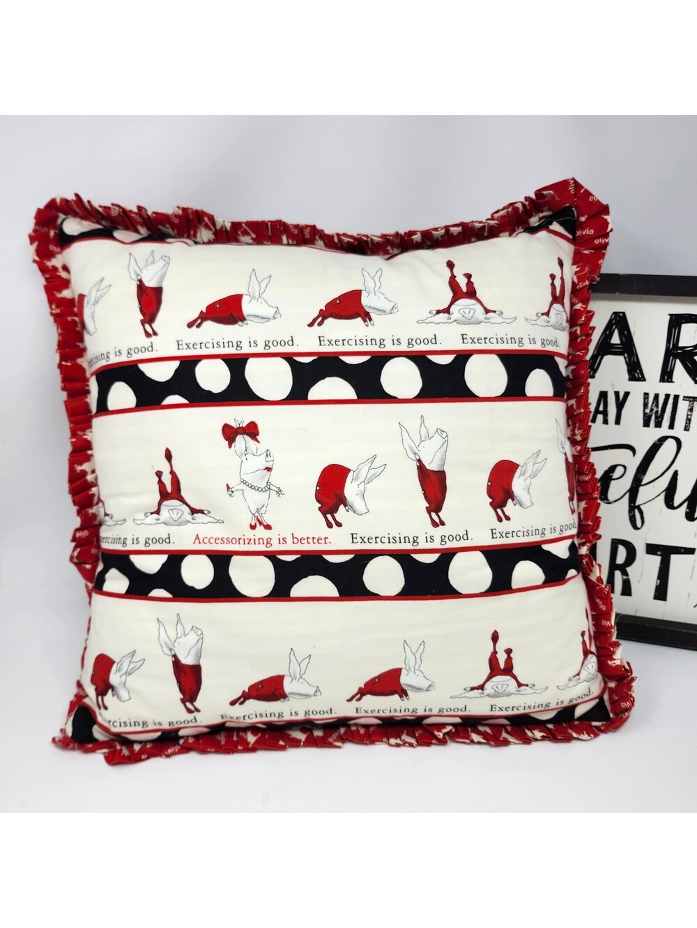 Handmade Olivia Pig Pillow 18” Exercising Accessorizing Polka Dot Ruffle
